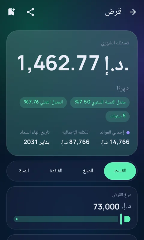 حاسبة LoanMivo تعرض القسط الشهري والفوائد وتفاصيل السداد