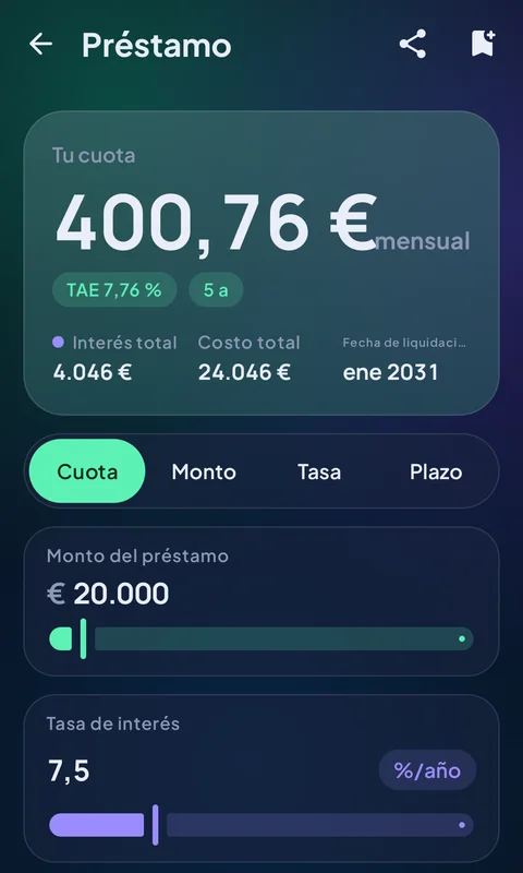 Calculadora LoanMivo con la cuota mensual, los intereses y los detalles del préstamo