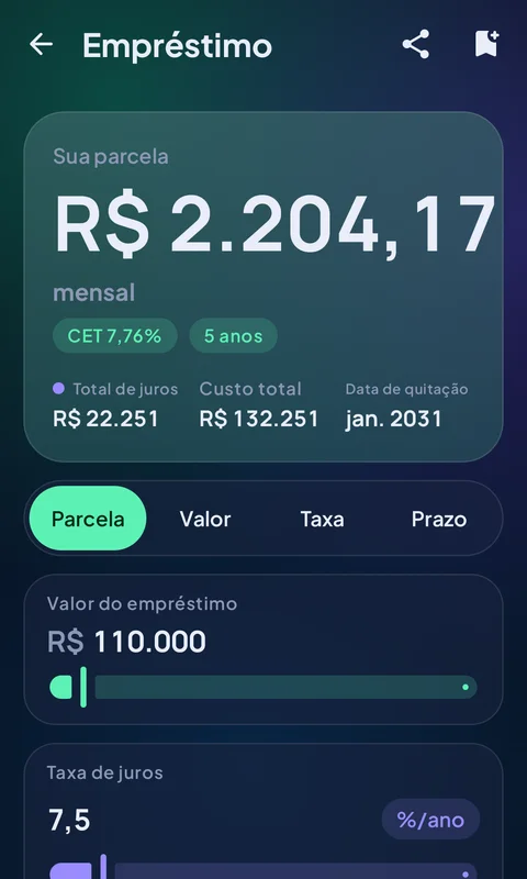 Calculadora LoanMivo com parcela mensal, juros e detalhes de pagamento